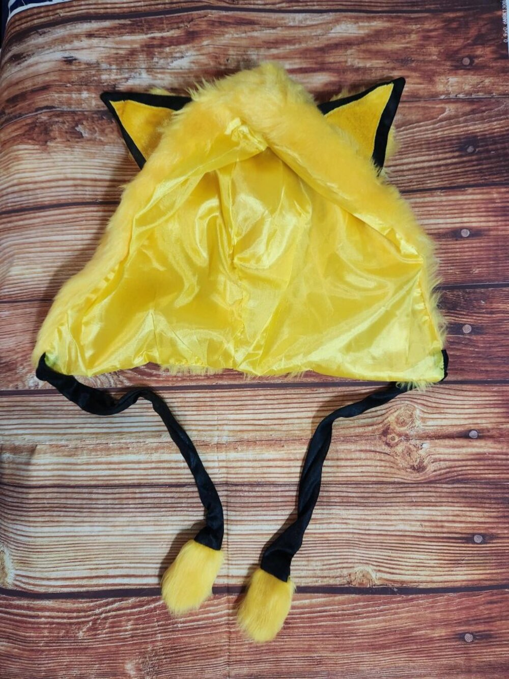 Yellow Faux Fur Pikachu Pokemon Costume Lapland Hood Hat Long Tassels Cosplay